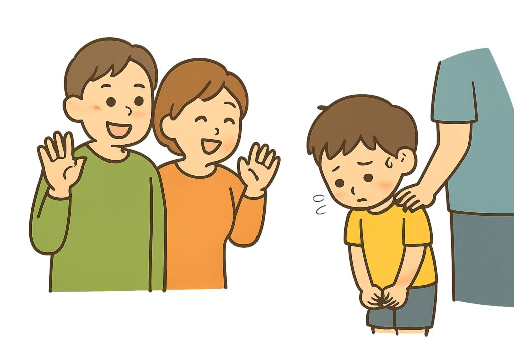 親戚の家 挨拶できない, 子ども 挨拶しない, 人見知り 挨拶, 正月 挨拶 子ども, 帰省 子ども 緊張, 子ども 固まる 理由, 発達特性 挨拶, ASD 挨拶できない, 予期不安 子ども, 視覚的予告, 手順化 支援, 環境調整 子育て, 行動科学 子育て