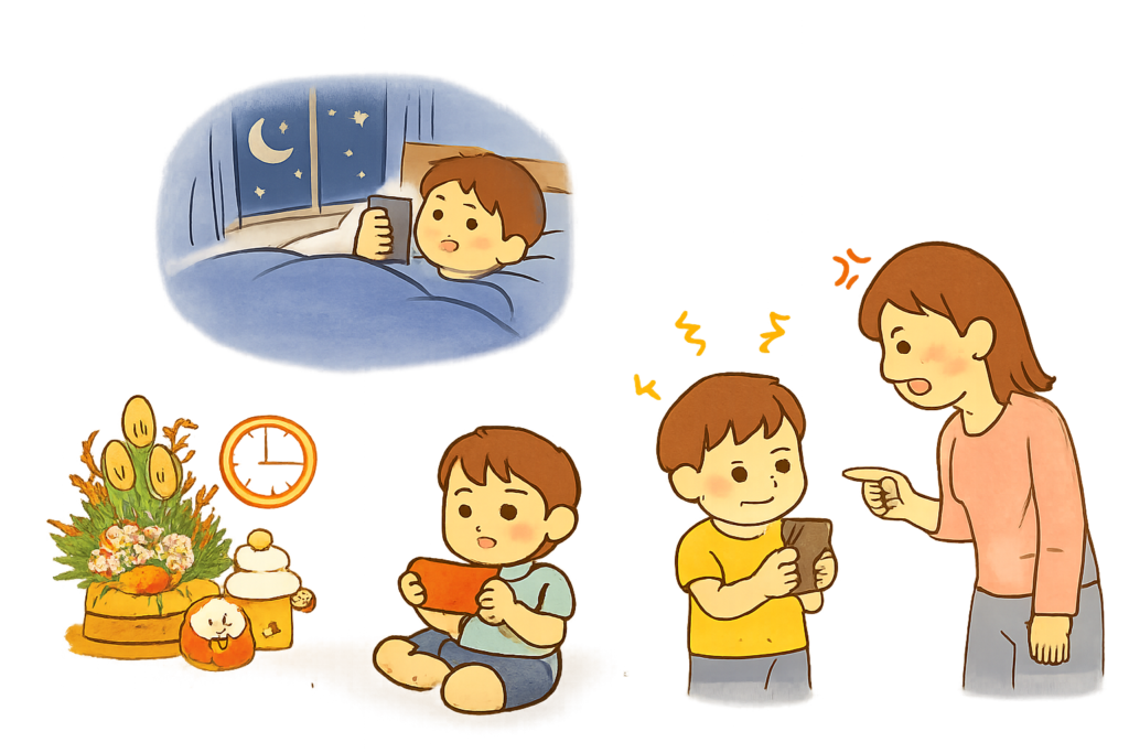 年末年始 スマホ 問題, ゲーム時間 もめる, 子ども スマホ トラブル, ゲーム やめられない 子ども, 環境設計 子育て, 行動科学 子育て, 休み中 スマホ対策