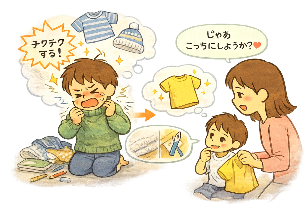 服 嫌がる 子ども, チクチク 服 着ない, 感覚過敏 着替え, 朝の着替え イヤ, 環境設計 育児, 実行機能 感覚, 発達支援 着替え