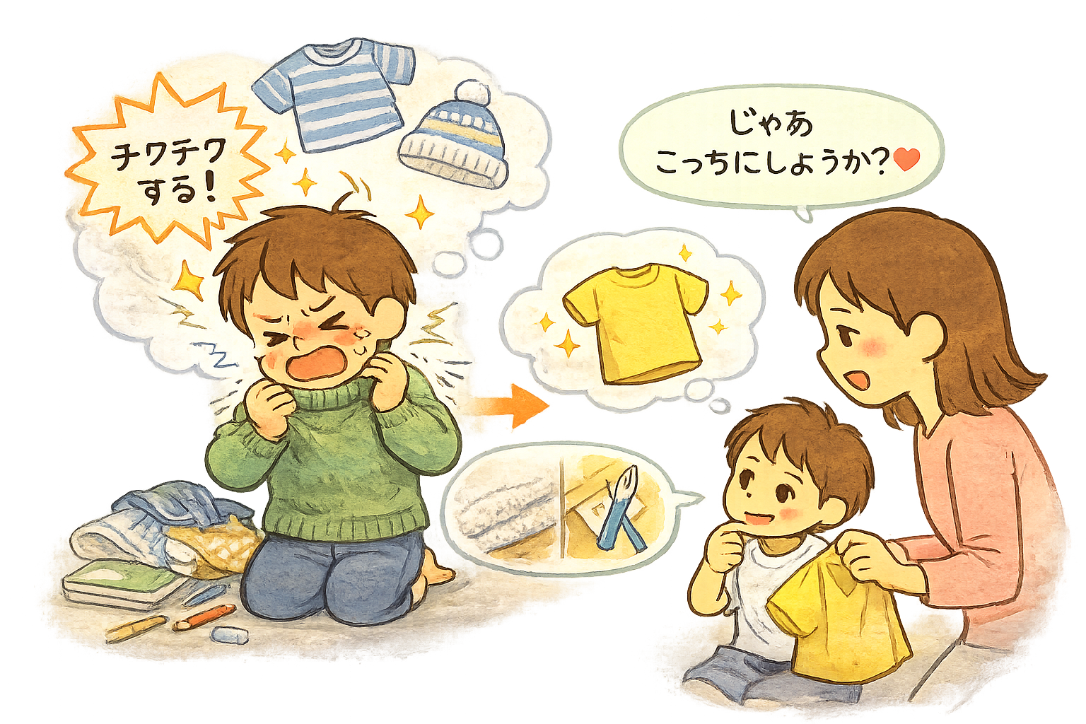 服 嫌がる 子ども, チクチク 服 着ない, 感覚過敏 着替え, 朝の着替え イヤ, 環境設計 育児, 実行機能 感覚, 発達支援 着替え